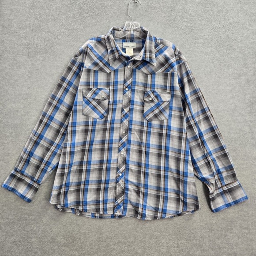 Wrangler Men Button Up Shirt 2X Blue Wrancher Plaid Western Pearl